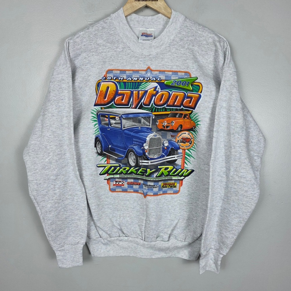 2001 Daytona Turkey Run Sweatshirt Vintage Race Car Graphic Gray M